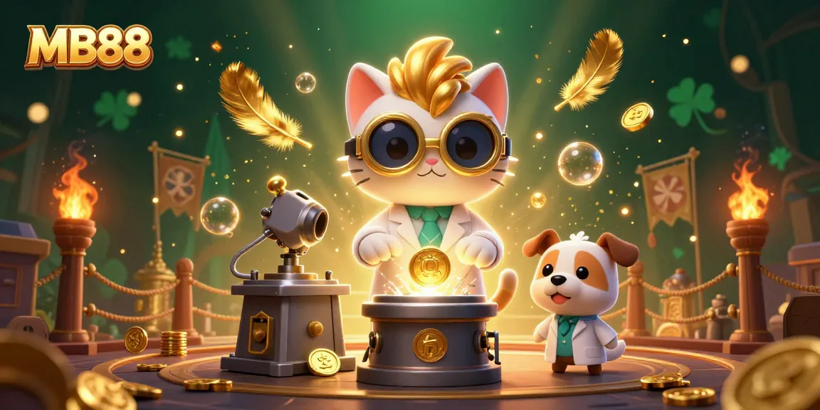 Hình ảnh minh họa 3D từ MB88 với nhân vật mèo điên và chó đồng hành trong khu phòng thí nghiệm với các đồng tiền vàng.