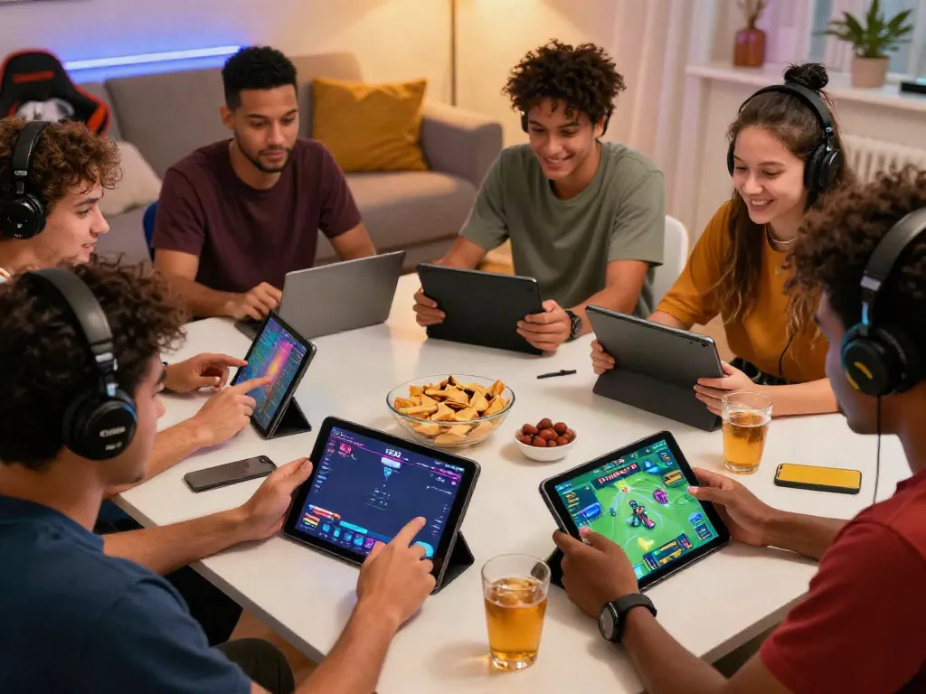 Friends enjoying intense gaming sessions on https://playsv88.net/ in a cozy environment with snacks and colorful screens.