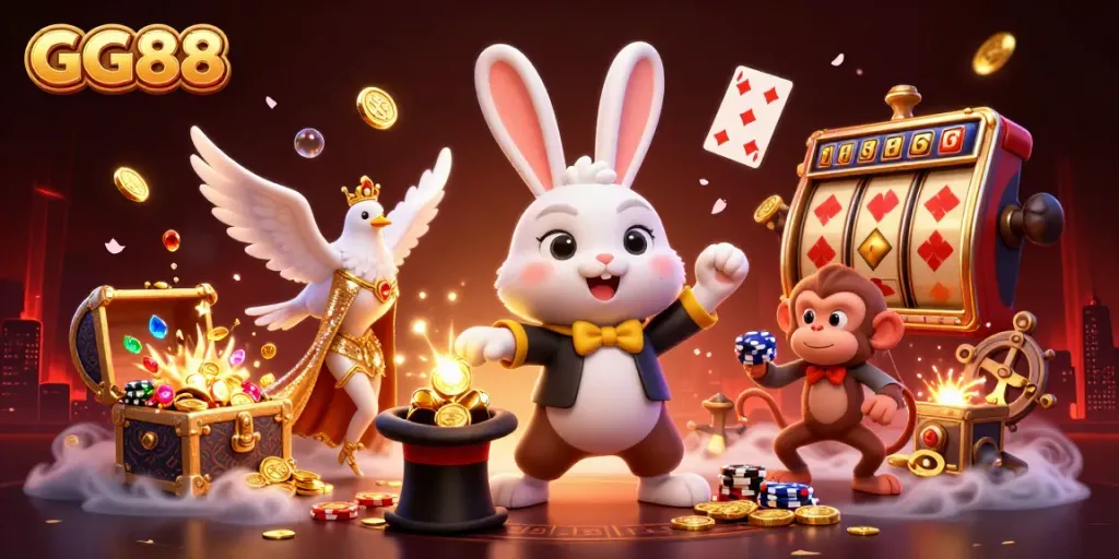 GG88 entertains players with magical rabbits and vibrant slots in an engaging casino illustration.