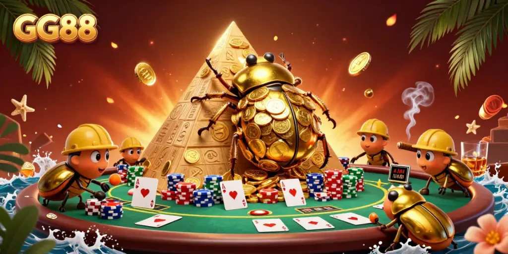 Engage in the thrill of GG88 as a golden beetle rolls coins at a dynamic casino scene.
