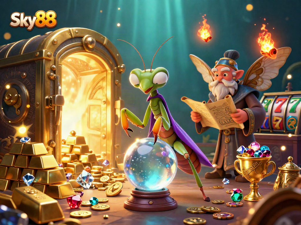 Engage with Sky88's thrilling casino experience featuring vibrant slot reels and mystical characters.