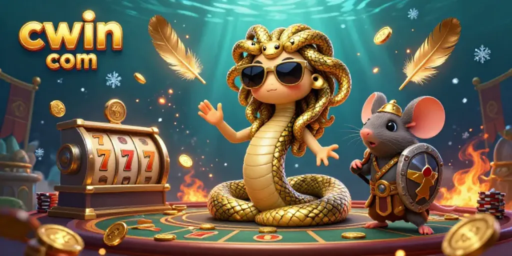 Engage in the exciting world of cwin com with an animated Medusa and warrior mouse in a vibrant casino.