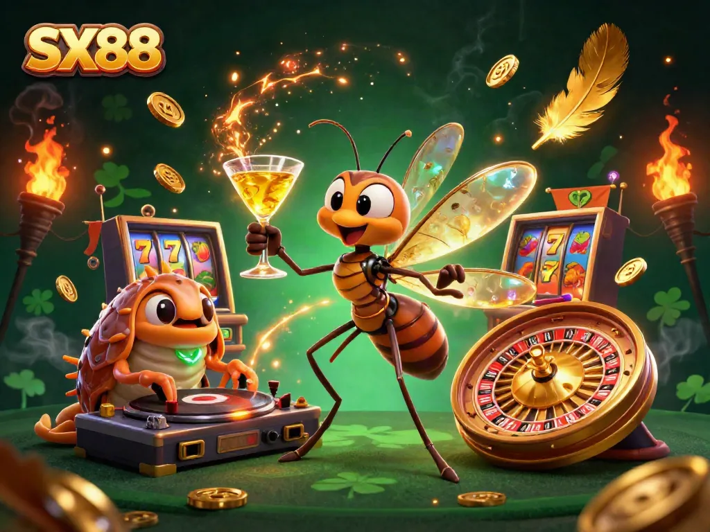SX88 casino illustration with unique characters and dynamic gaming elements, showcasing vibrant energetic detail.