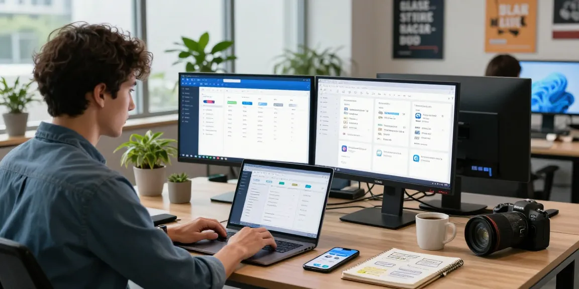 Download WPS Office in a vibrant workspace with a professional using dual screens, enhancing productivity.