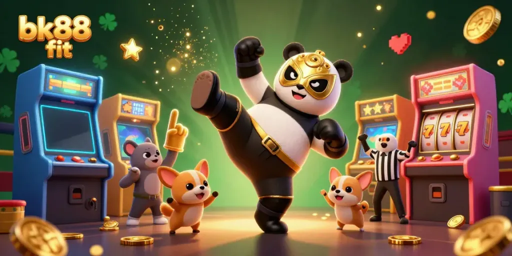 Experience the excitement of bk88 fit with a dynamic cartoon scene featuring a panda wrestler and casino game elements.