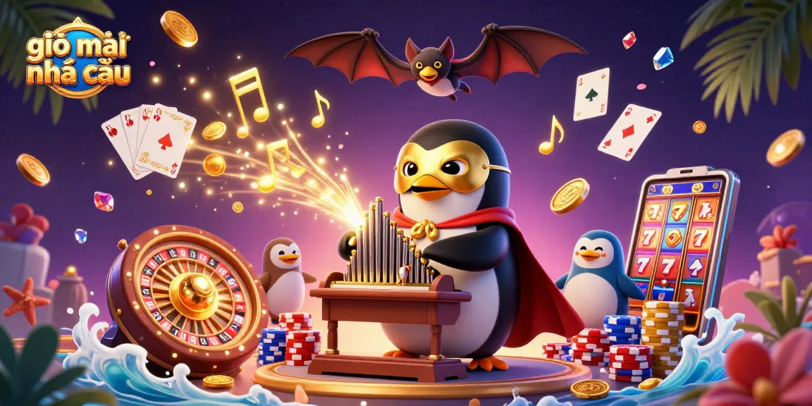 Watch the 3D cartoon phantom opera penguin create a scene of giải mã nhà cái with golden coins, roulette wheels, and lively casino elements.