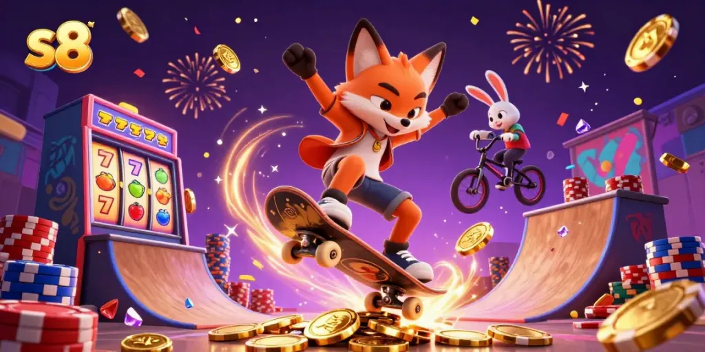 s8 casino illustration featuring a skateboarder fox kicking over poker chips while slot reels spin