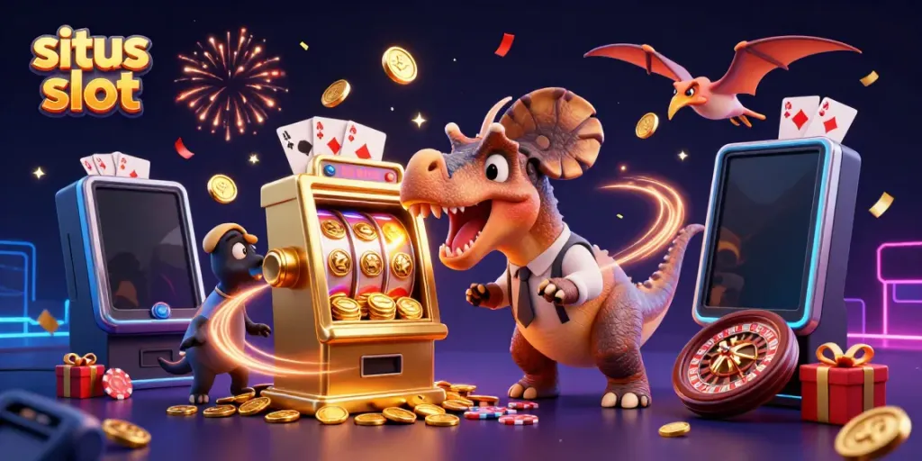 Exciting scene of situs slot with a dinosaur interacting with a jackpot slot machine while coins fly around.
