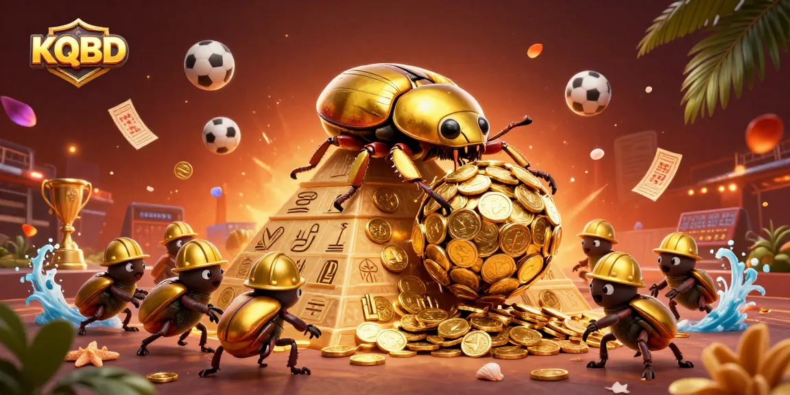 KQBD offers real-time updates on soccer scores with vibrant 3D illustrations of beetles and casino elements.