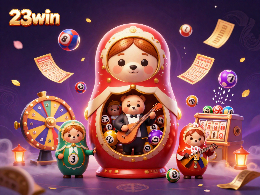 Join the excitement with 23win's vibrant lottery scene featuring colorful balls and a serenading rabbit.
