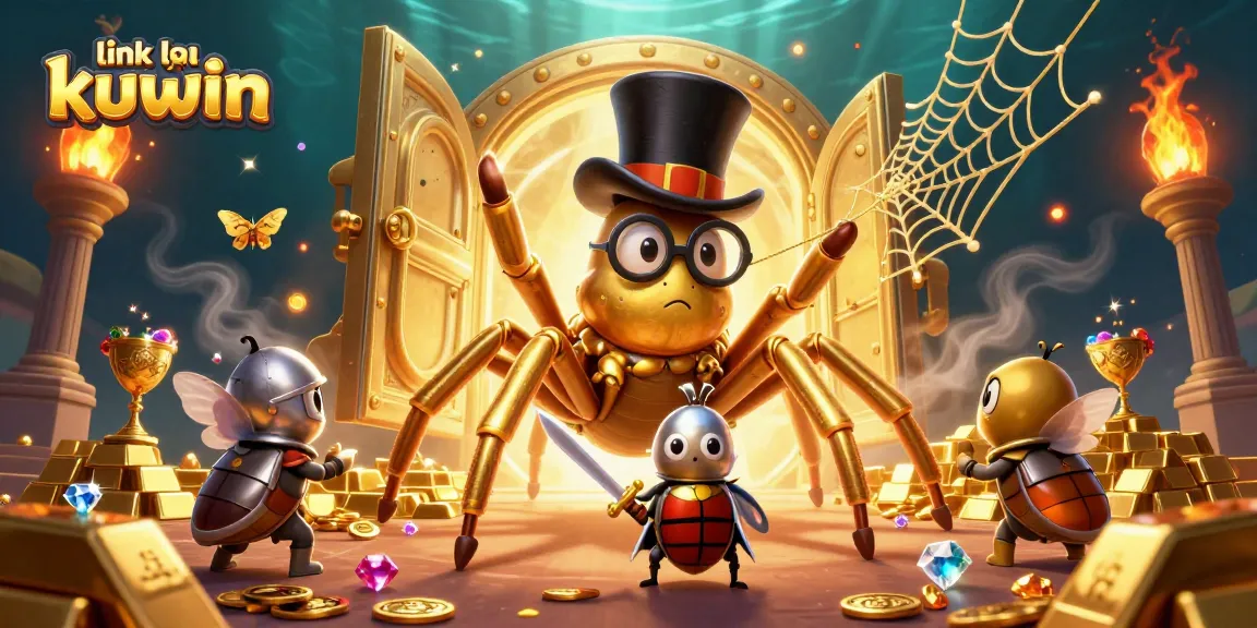 Engage with link vào kuwin through a vibrant casino scene featuring gold treasures and dynamic characters.