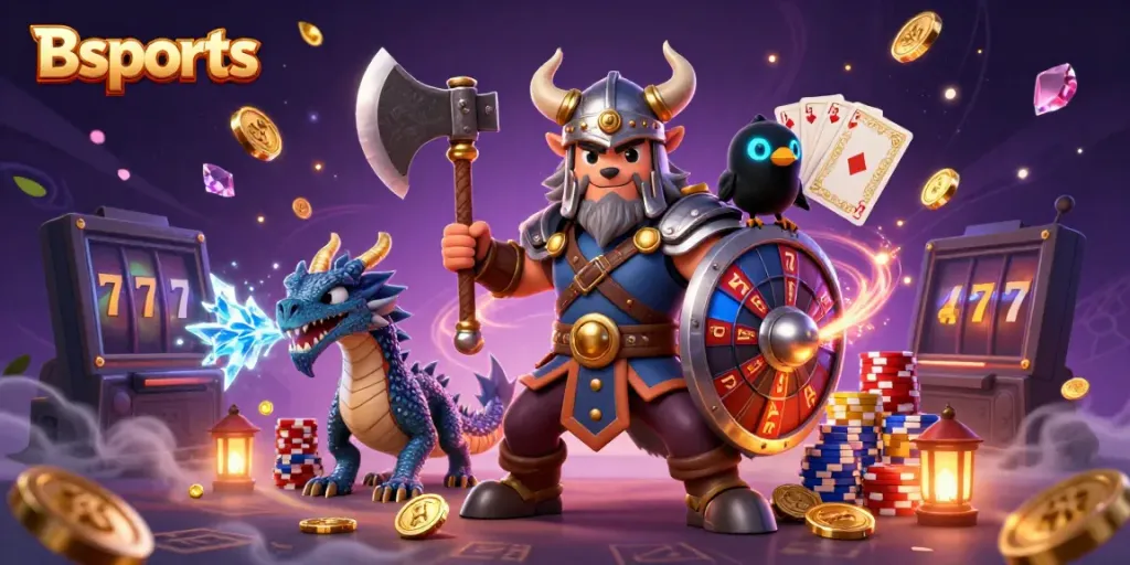 Experience Bsports excitement with a Viking wolf warrior, dragon, and magical gaming elements!