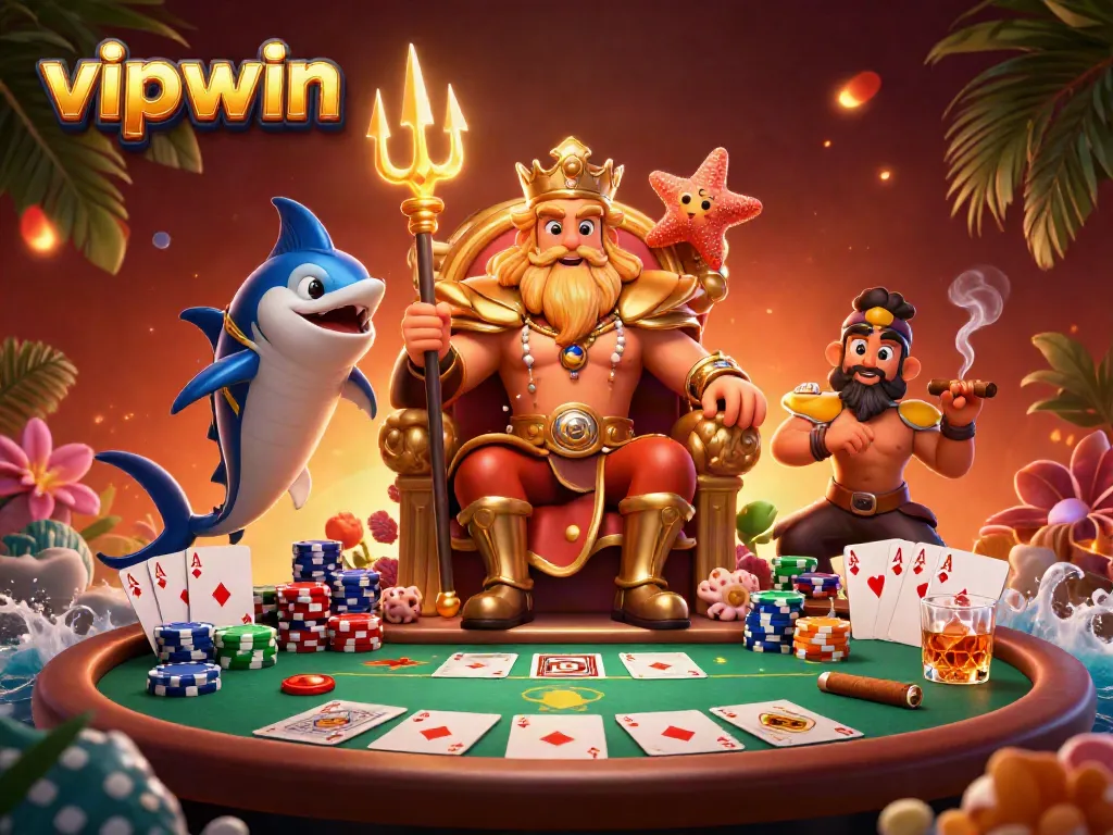 Experience thrilling gameplay at vipwin with Neptune and lively gaming elements in this vibrant 3D illustration