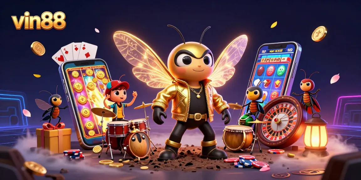 Spin colorful slot games with vin88's vibrant casino characters, a rock star cicada and beetle drummer!