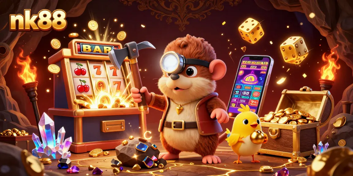 Experience jackpot excitement at nk88 with a treasure-seeking mole and vibrant casino elements.