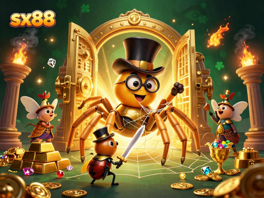 SX88 brings the thrill of golden treasures with a giant tarantula in a casino adventure scene.