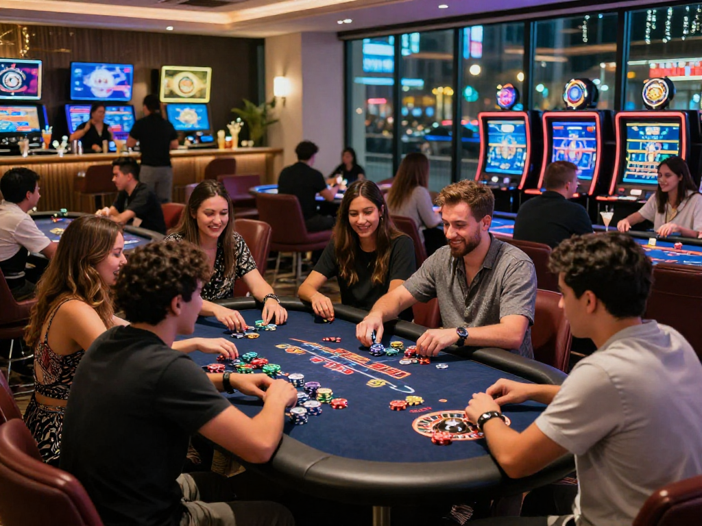 Social gaming atmosphere at oxbet.com with friends enjoying vibrant tables and lively ambiance.
