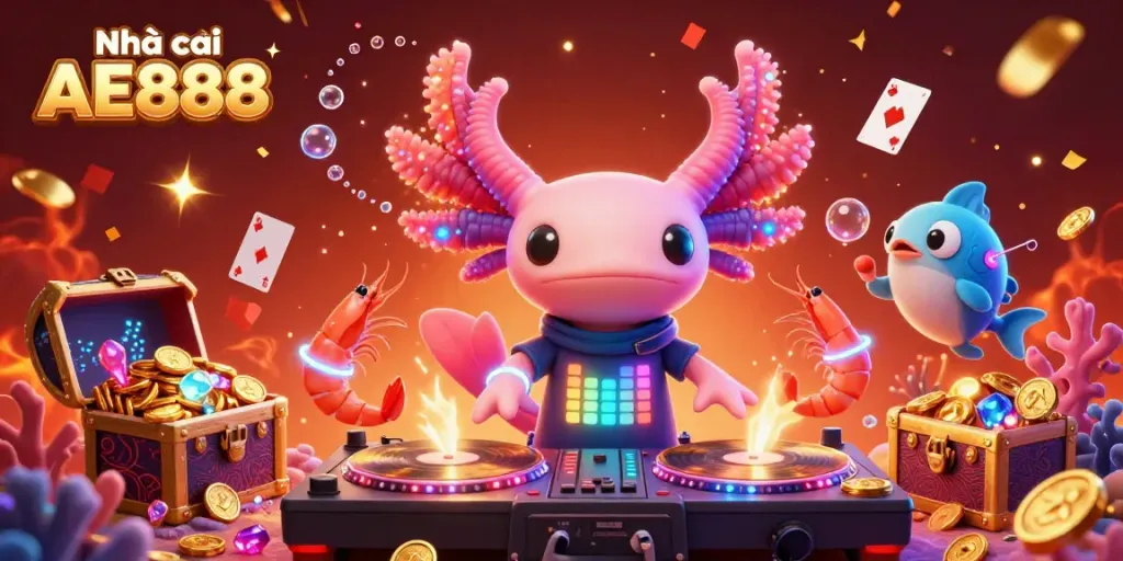 Experience the vibrant world of Nhà cái AE888 with a neon-colored axolotl DJ spinning records amidst underwater treasures.