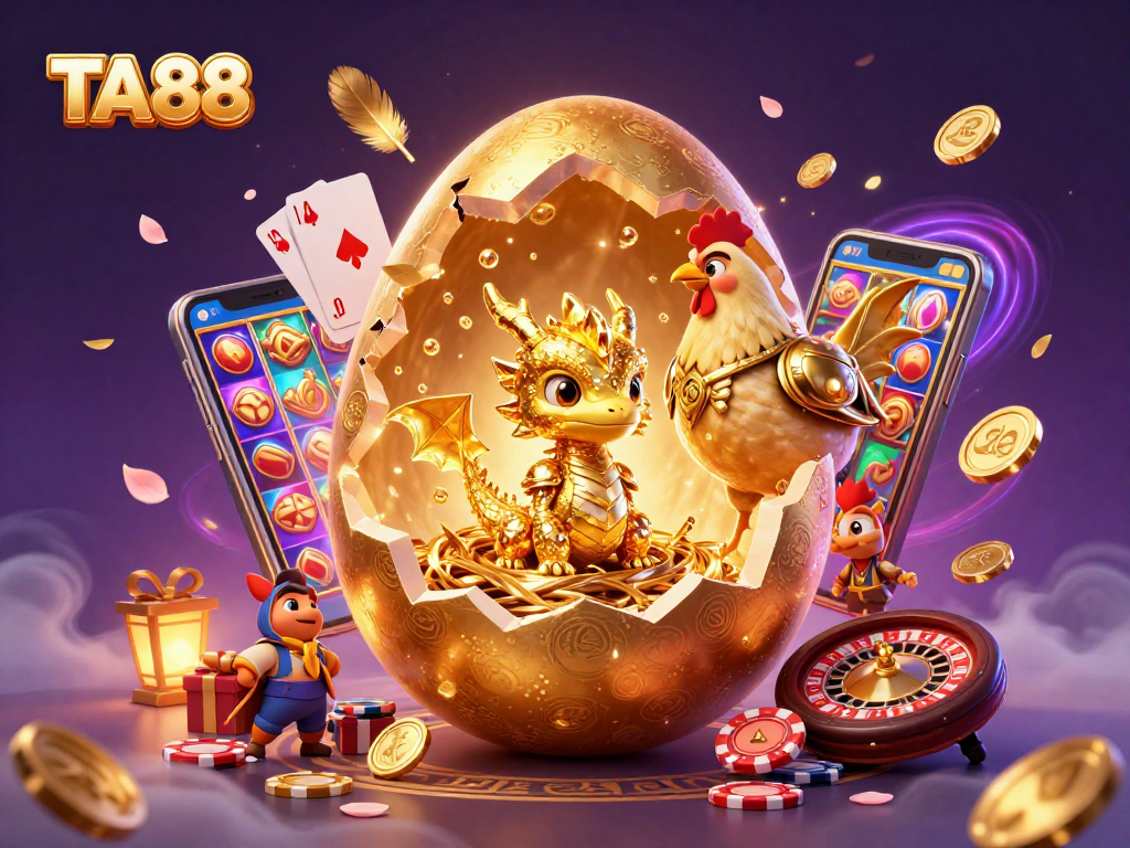 TA88 showcases a golden dragon amidst casino elements, illustrating vibrant gaming excitement.