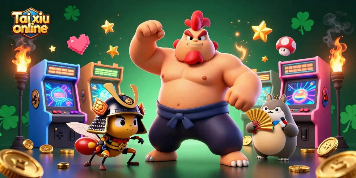 Play lively Tai xiu online with a powerful sumo, fierce cricket and tanuki in a vibrant arcade atmosphere.