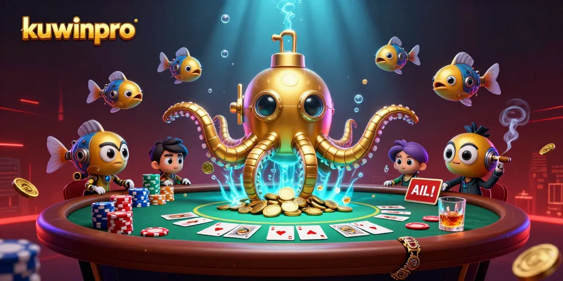 Engage in thrilling action with kuwinpro's golden kraken and poker gameplay amidst golden coins.