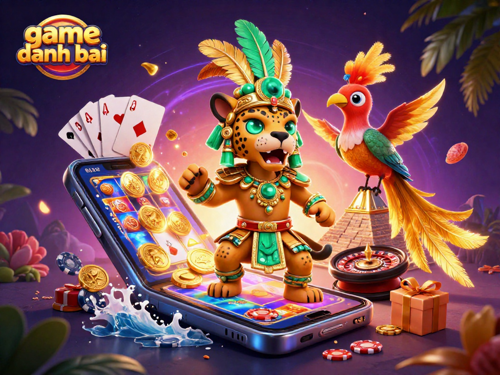 Engage in thrilling game danh bai experiences with vibrant slot elements, cards, and energetic characters