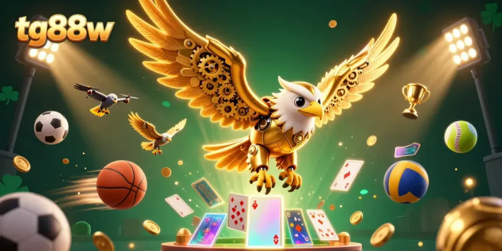 Experience exhilarating gaming with tg88w as a golden eagle soars through holographic cards in a vibrant online casino.