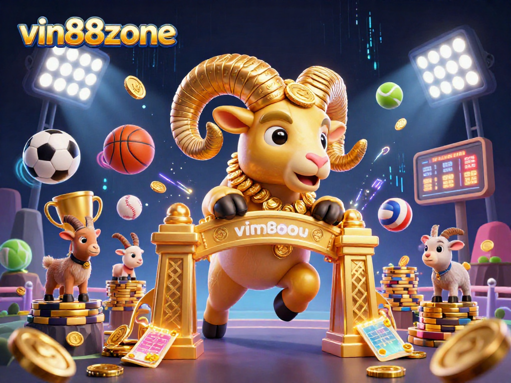 Experience thrilling action with vin88zone as a golden ram charges through a dynamic casino scene filled with sports elements.