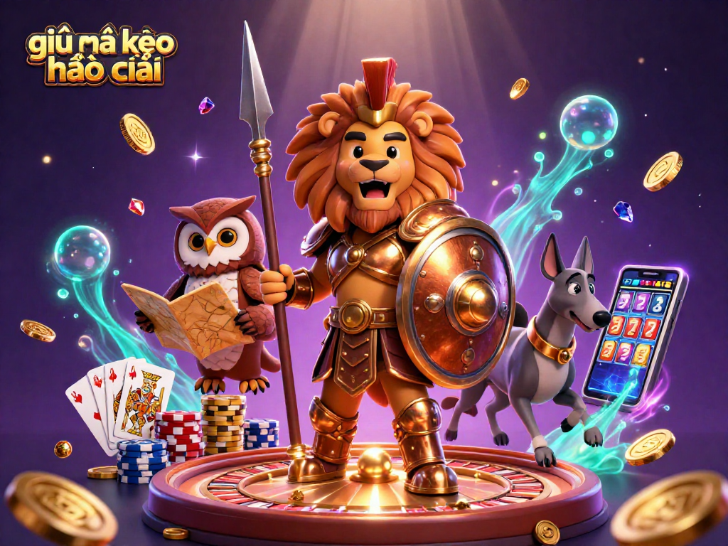 Experience giải mã kèo nhà cái through a vibrant action scene with a Spartan lion and dynamic casino elements.