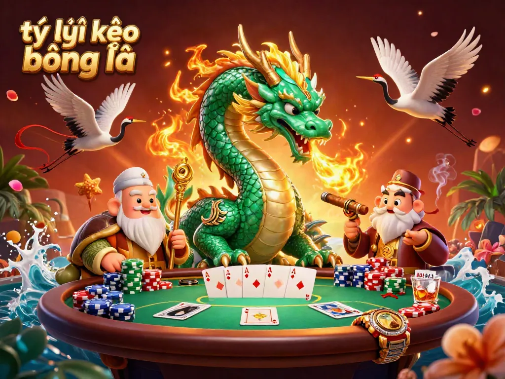 Engage with tỷ lệ kèo bóng đá in this vivid 3D illustration showcasing a dragon plotting strategies at a poker table.