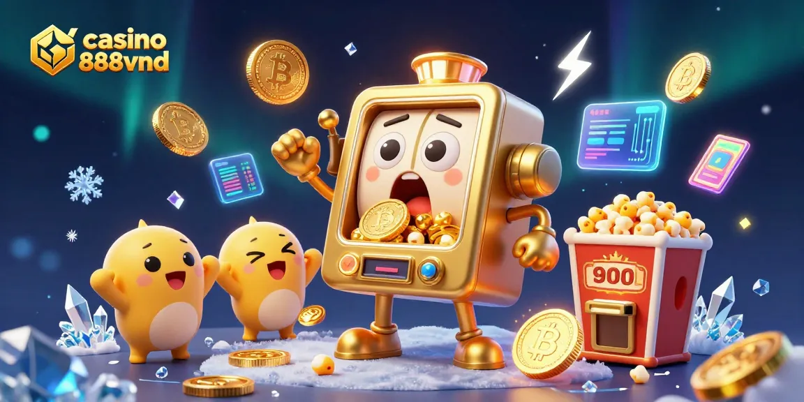 Experience excitement at casino 888vnd with a cartoon slot machine celebrating a jackpot, surrounded by dynamic gaming elements.