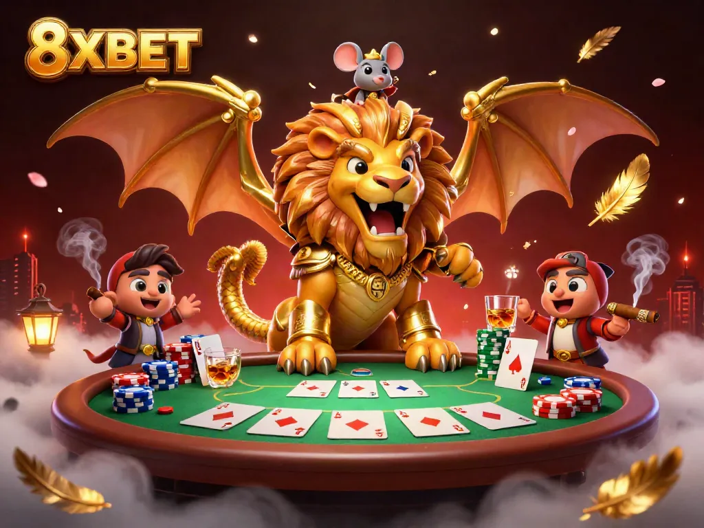Experience the thrill of 8XBET in a vibrant 3D casino illustration with dynamic poker elements.