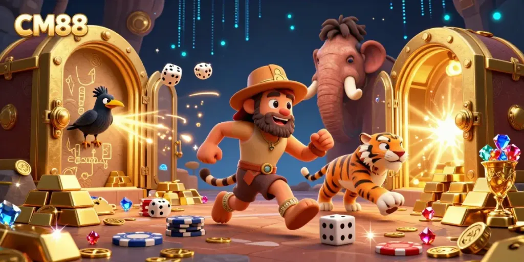 Experience the vibrant CM88 casino adventure with a dynamic caveman and saber-tooth duo counting winnings with ancient casino chips.