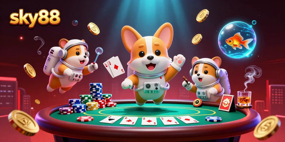sky88 immersive casino experience with floating poker chips and astronaut characters in a space station setting