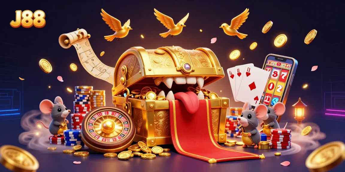 Engage with the J88 adventure featuring a treasure chest and vibrant casino elements.