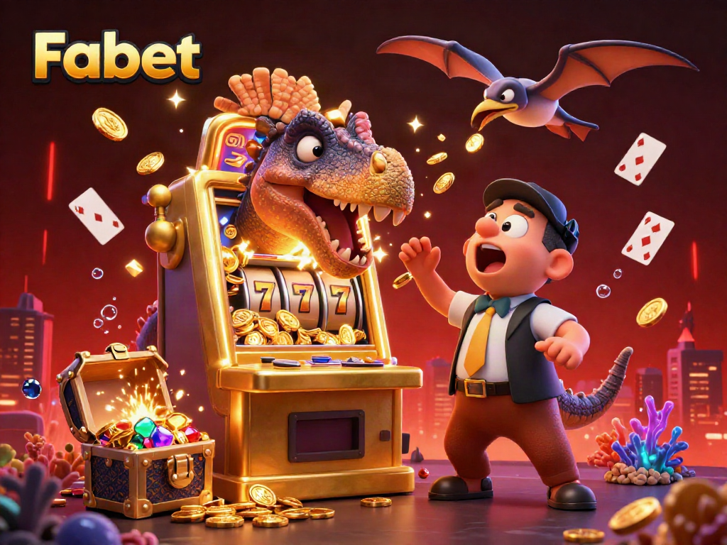 Experience Fabet's thrilling jackpot scene with vibrant characters celebrating a casino win among gold coins.