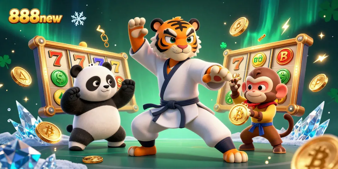 Experience thrilling wins with 888new's vibrant casino adventure featuring colorful game elements and the playful trio.