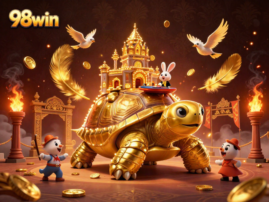 Engage in thrilling games at 98win with a vibrant 3D casino scene featuring lively characters.