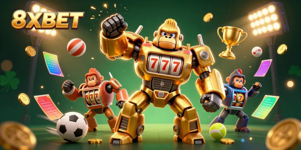 Engage in exciting gameplay with 8XBET's energetic 3D cartoon scene featuring dynamic characters and sports elements.