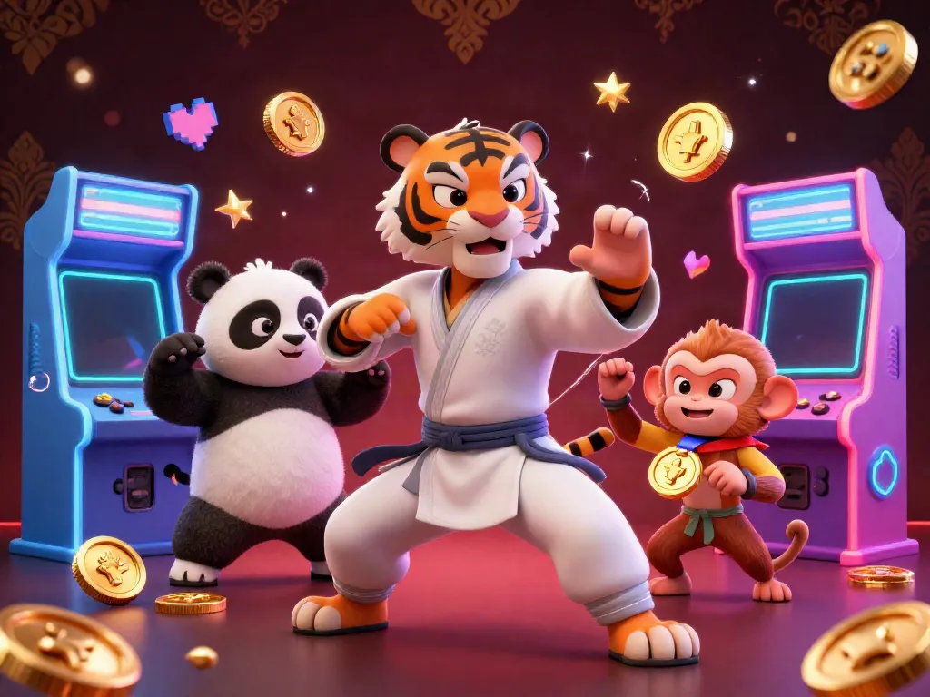 Experience thrilling gaming action with qh88ts as the kung fu tiger and panda perform a crane stance amidst neon elements.