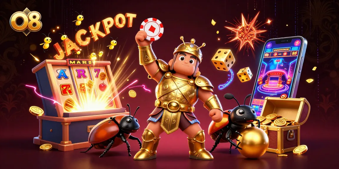 O8 players celebrate their slot machine jackpot victory with vibrant casino graphics and dynamic characters.