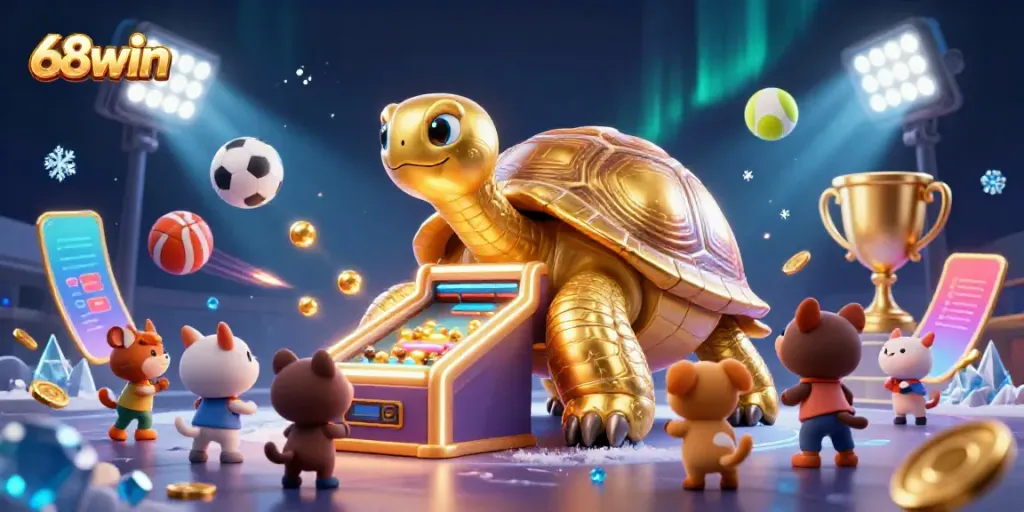 Experience the excitement of 68win with a golden tortoise pinball at a dynamic casino scene.