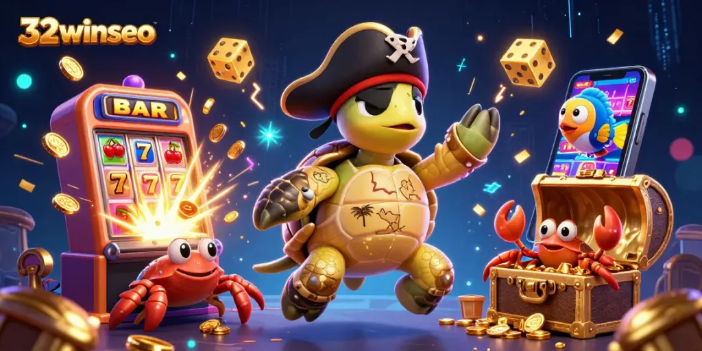 Experience the thrill with 32winseo as the pirate turtle and friends celebrate over a jackpot explosion in a vibrant casino