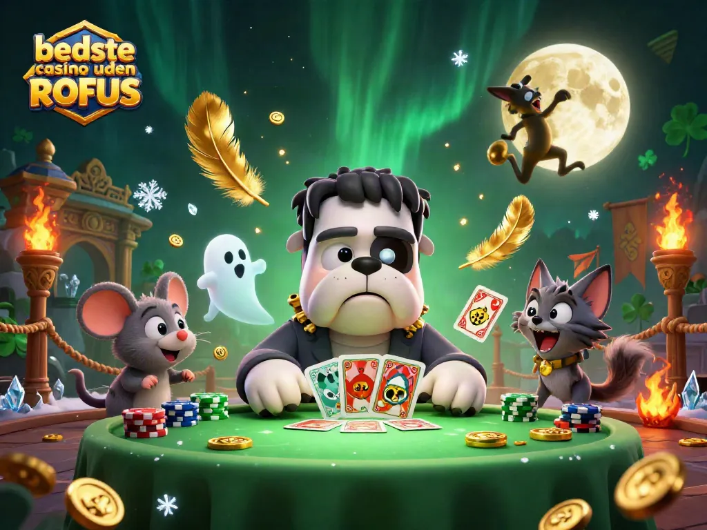 Engage with beste casino uden ROFUS featuring a cartoon bulldog dealing cards at a unique haunted casino.