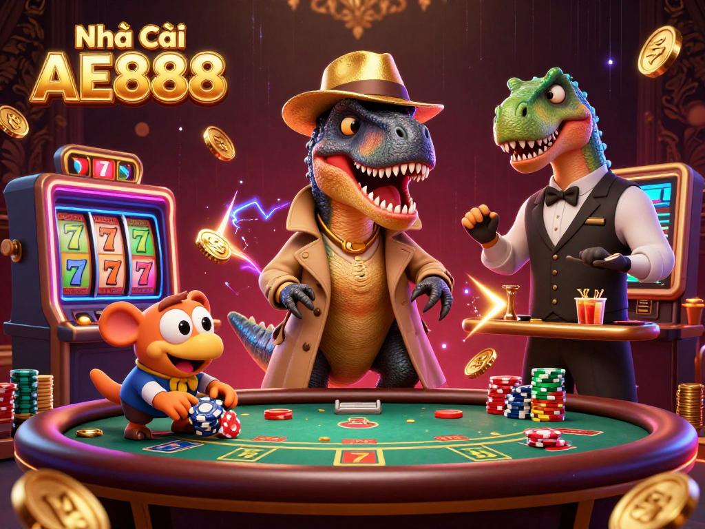 Experience the excitement at Nhà cái AE888 with a velociraptor card counter and a stegosaurus pit boss.