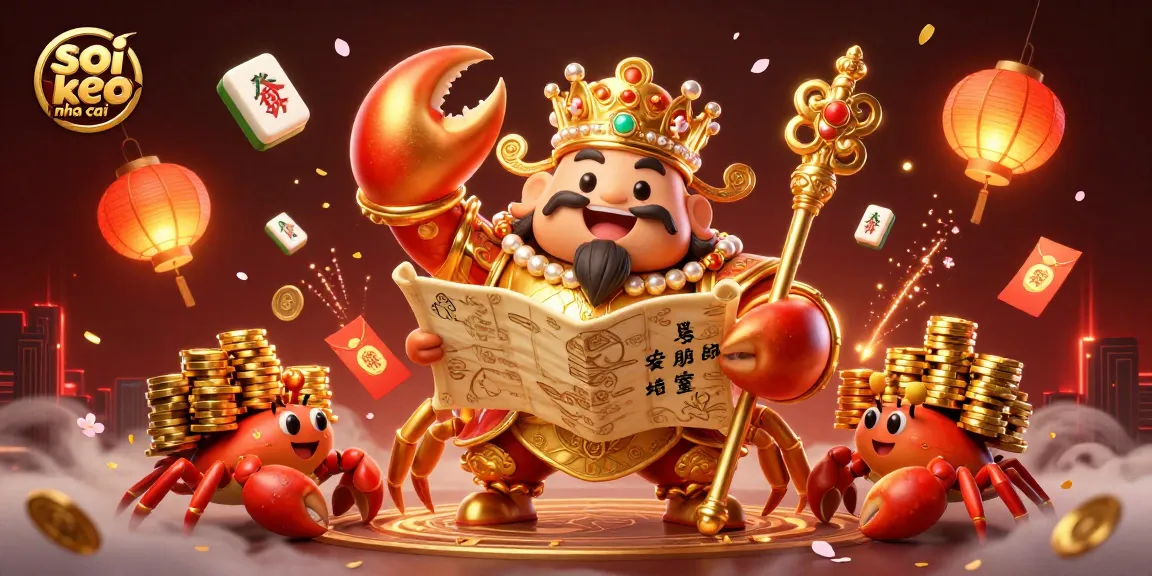 Experience a thrilling scene with 'soi keo nha cai' as a golden crab emperor directs treasure in a vibrant casino world.