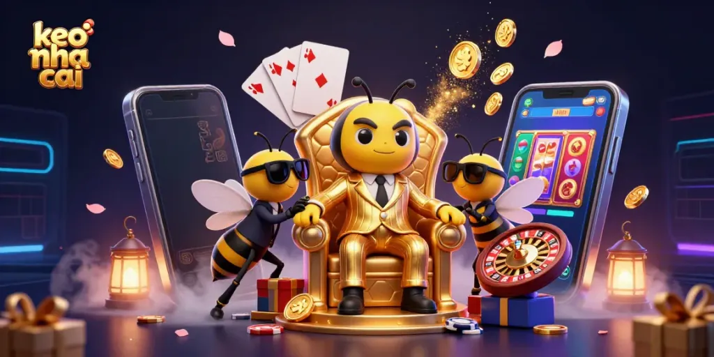Experience keo nha cai excitement with a bustling casino scene, showcasing vibrant gaming elements and lively characters.