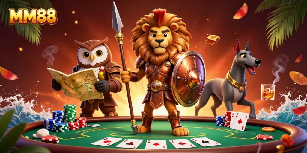 Engage with MM88's energetic poker scene featuring a Spartan lion and strategic owl amidst vibrant casino elements.