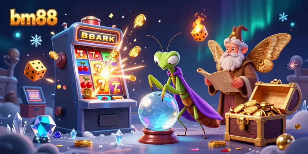 Experience the magic of bm88 with engaging characters and thrilling casino elements in this vibrant 3D illustration.