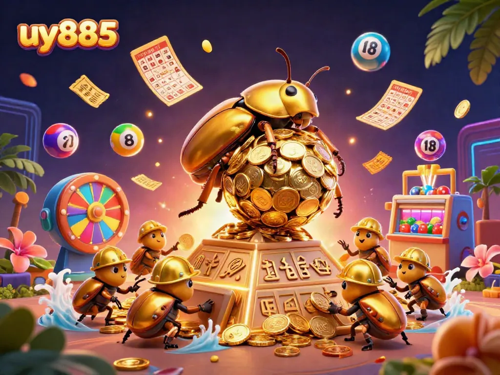Experience luck and winnings with the vibrant scene of uy885 featuring playful lottery elements and golden treasures.